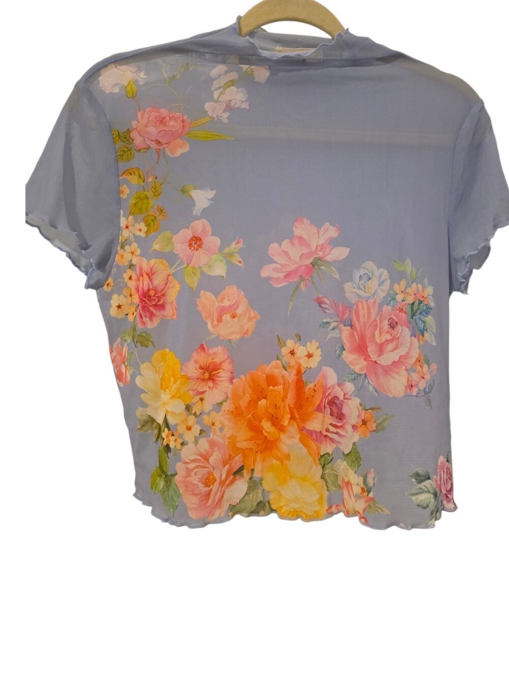 Chelsea And Violet Sheer Light Blue Floral Short Sleeve Women's Top Med